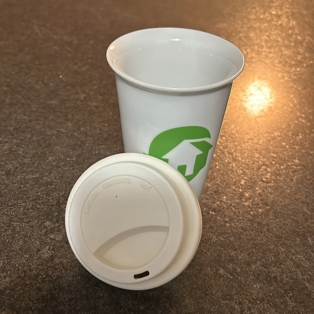 Coffee Cup Habitat for Humanity Logo White Ceramic with Rubber Lid 8 oz. - Picture 2 of 4